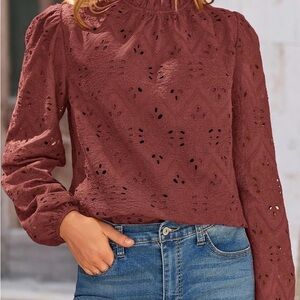 PrettyGarden Embroidered Eyelet Long Sleeve Top